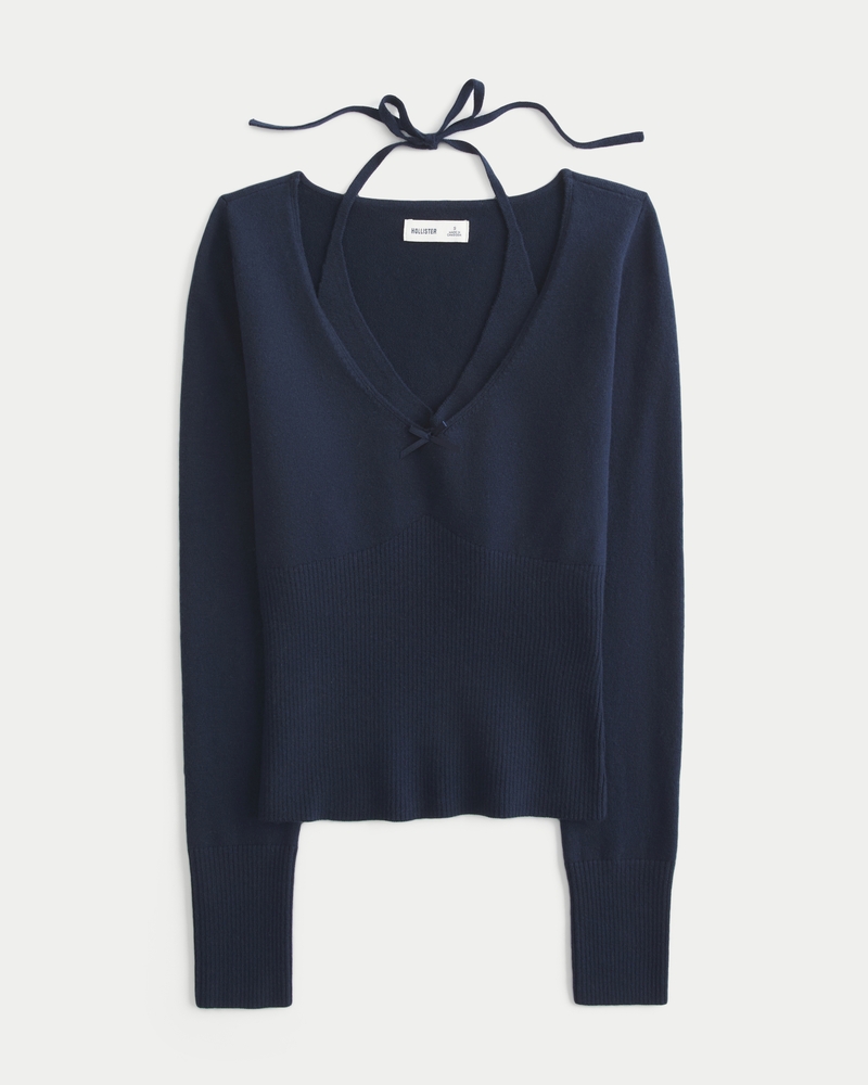 Long-Sleeve Halter Tie Sweater