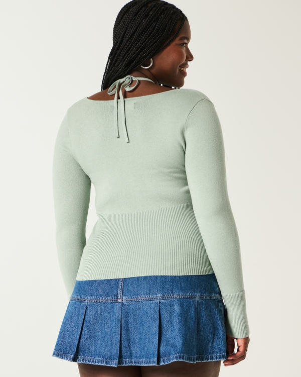 Long-Sleeve Halter Tie Sweater, Eucalyptus Green view 2