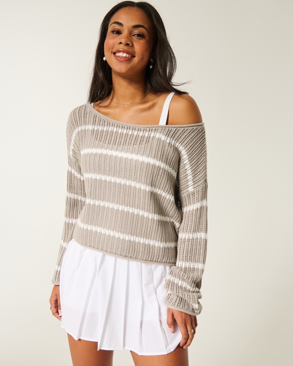 Easy Crochet-Style Sweater, Light Brown Stripe view 1