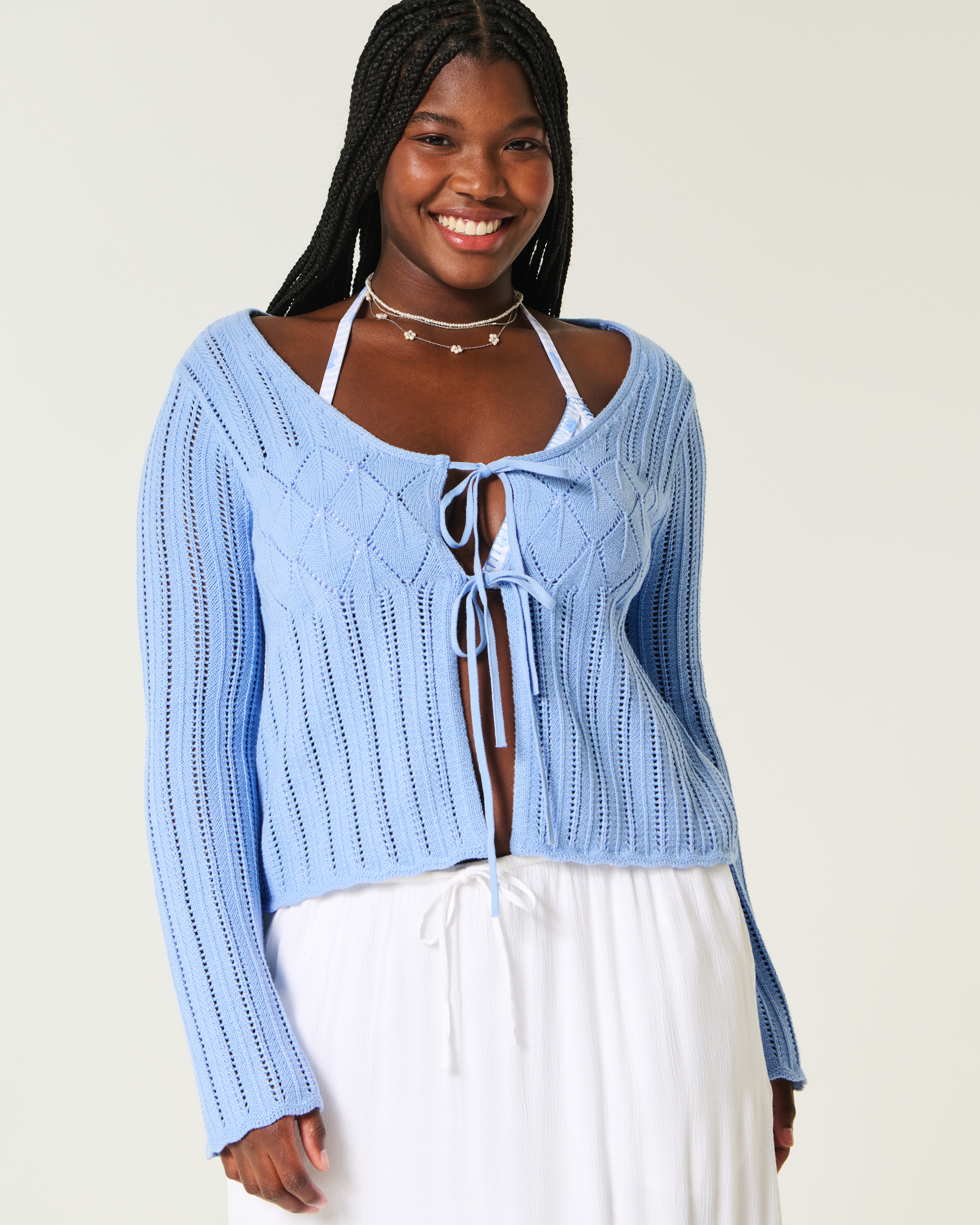 Crochet-Style Tie-Front Textured Sweater