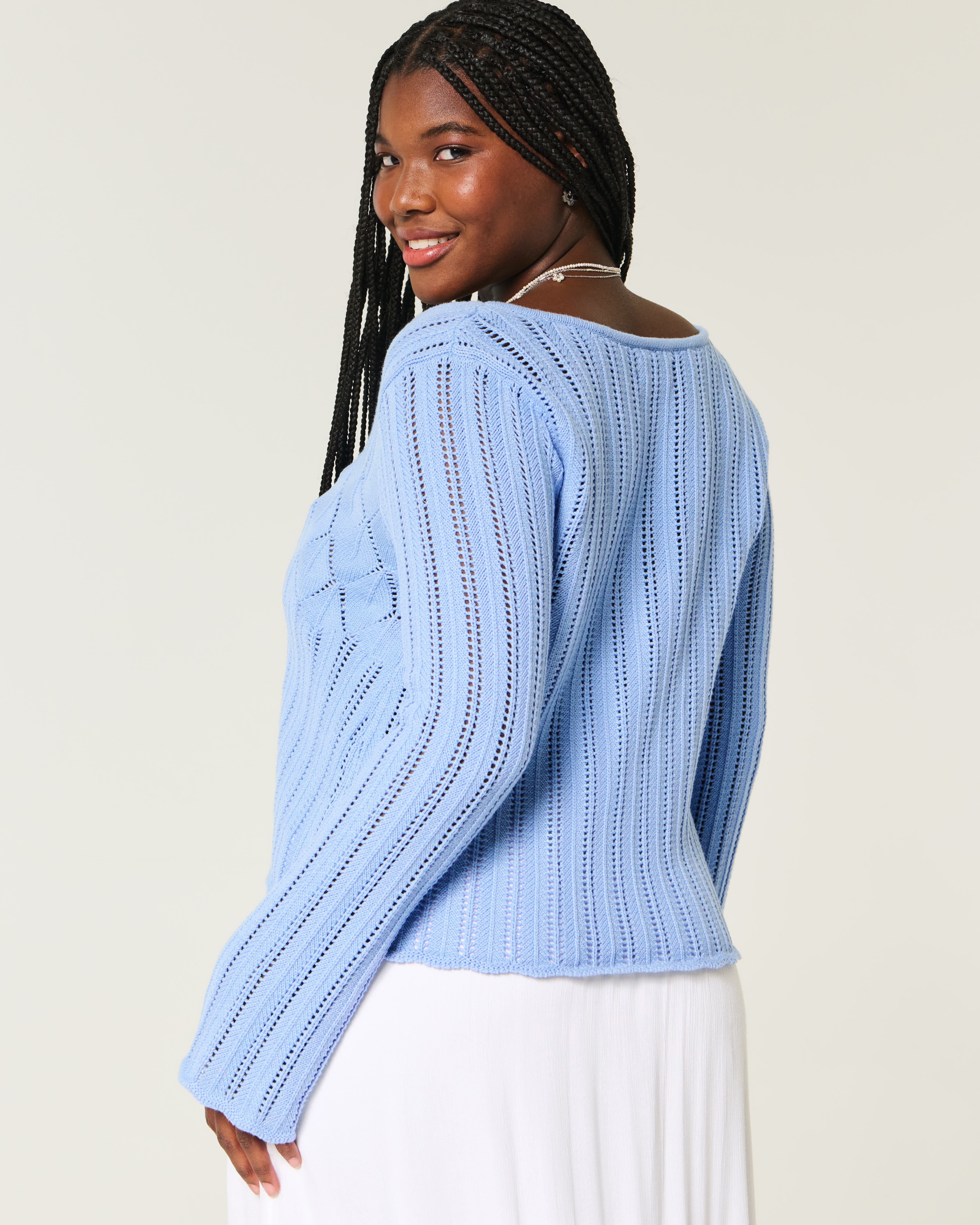 Crochet-Style Tie-Front Textured Sweater