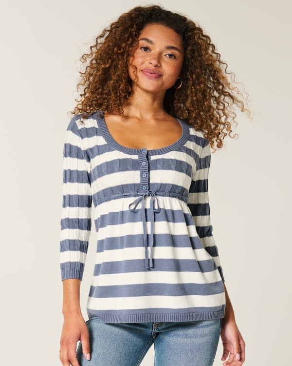 Babydoll-Pullover mit Zopfmuster, Blaugrau Gestreift view 1