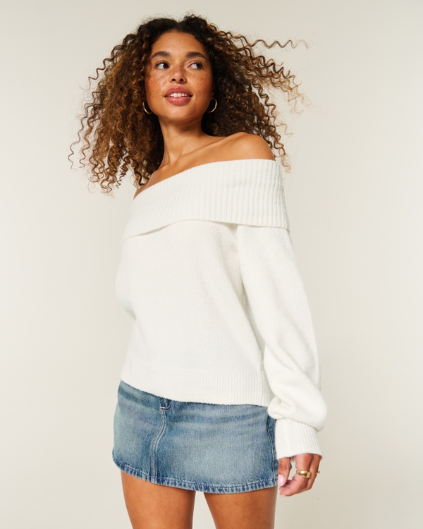 Hollister Comfy Cloud Foldover Off-the-Shoulder Sweater, Cloud White view 1