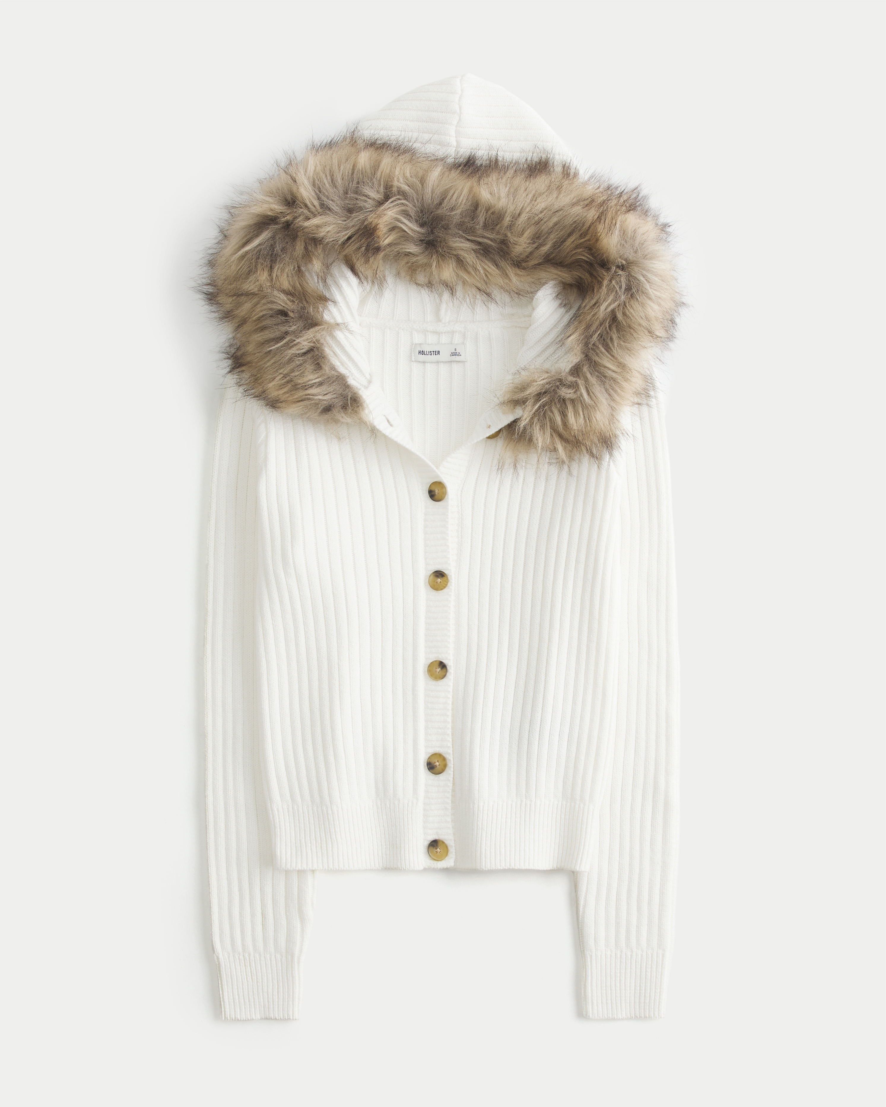 Hooded Faux Fur Trim Cardigan