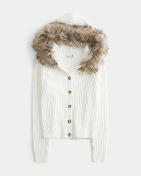 Hooded Faux Fur Trim Cardigan