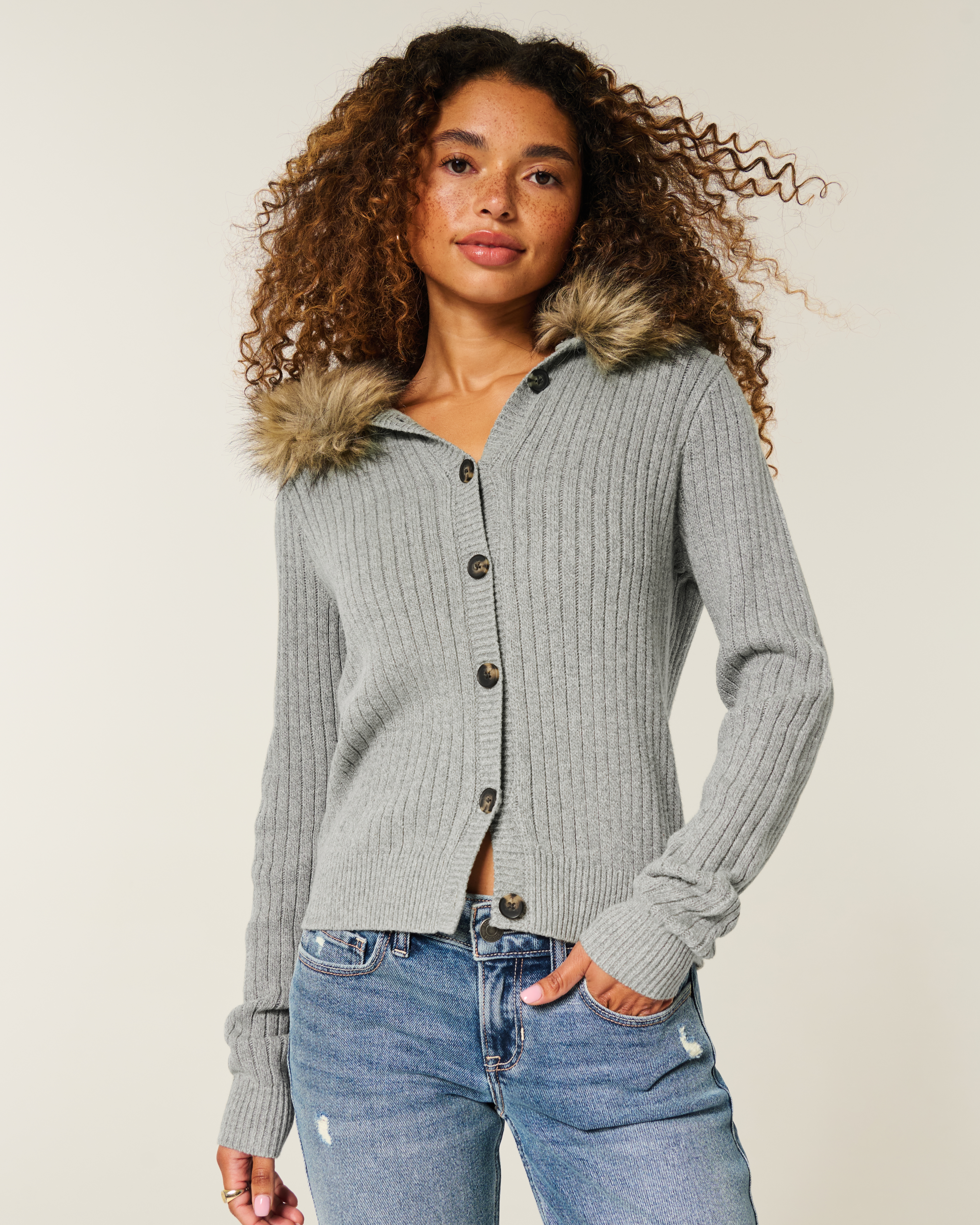 Hooded Faux Fur Trim Cardigan