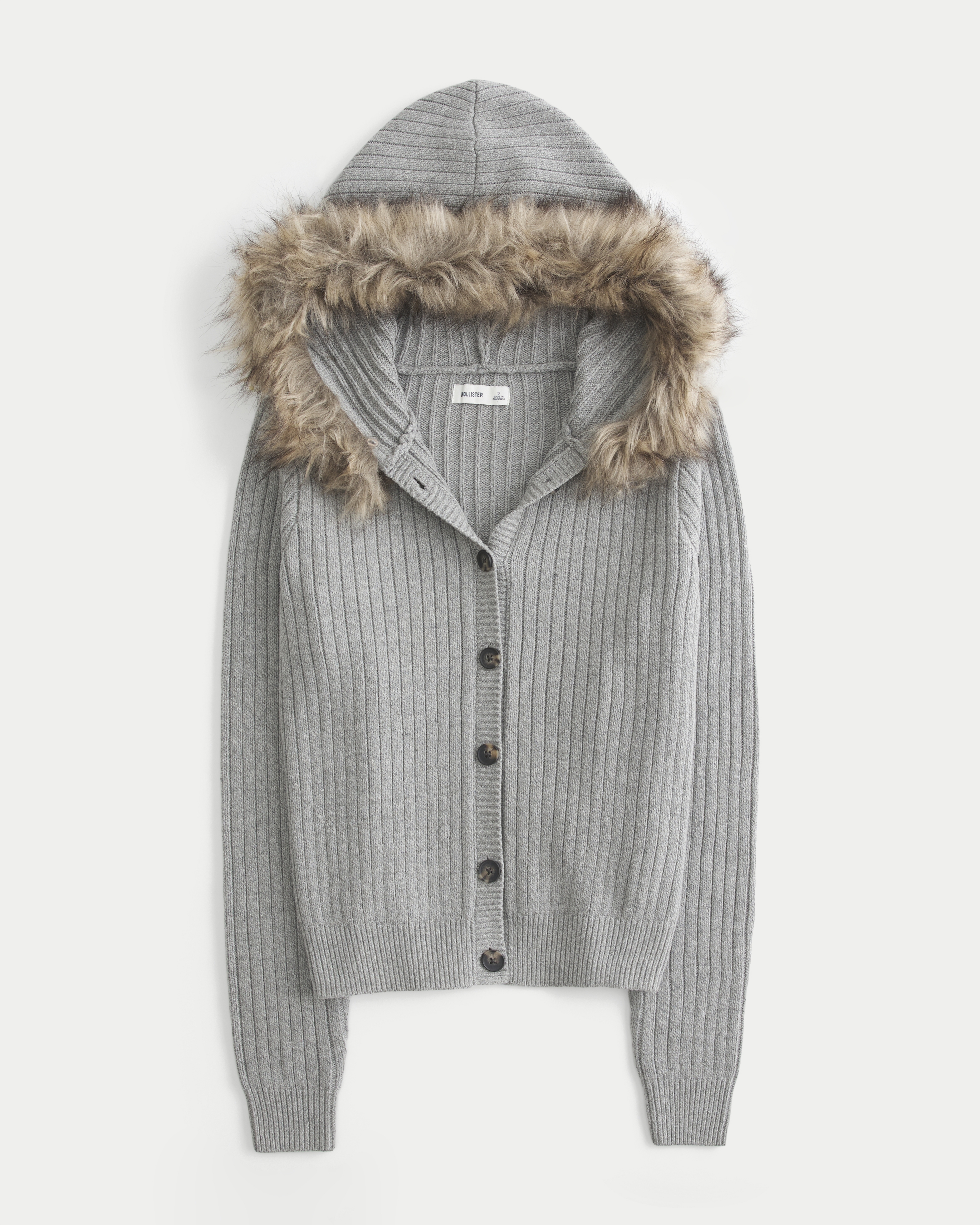 Hooded Faux Fur Trim Cardigan