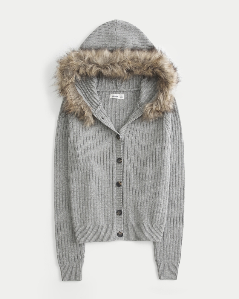 Hooded Faux Fur Trim Cardigan