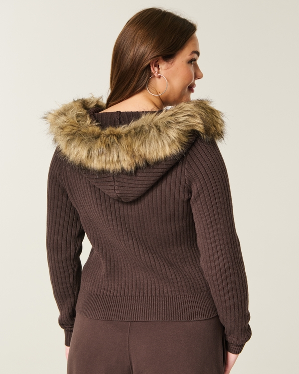 Hooded Faux Fur Trim Cardigan