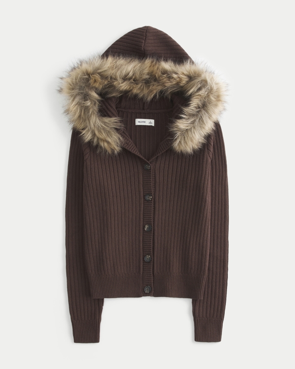 Hooded Faux Fur Trim Cardigan, Espresso view 1