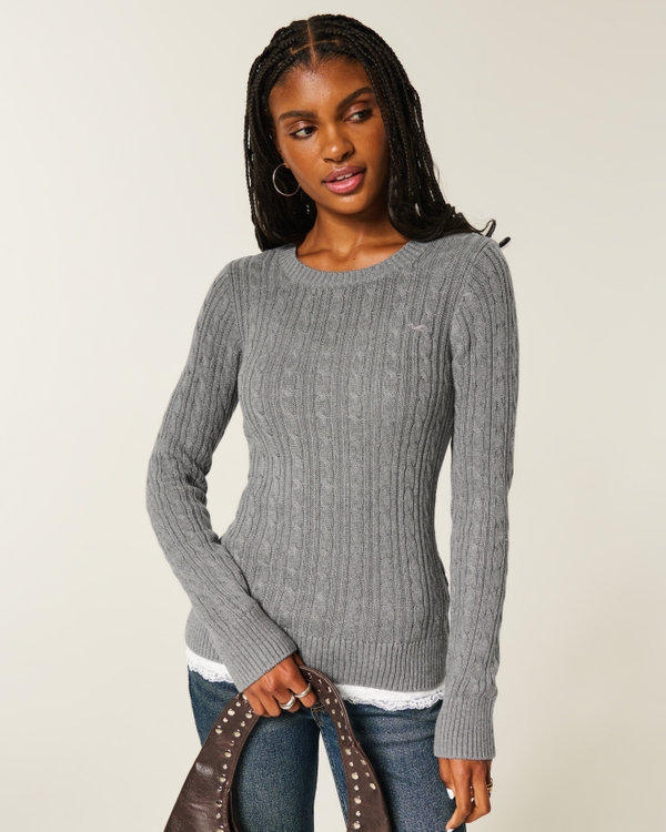 Cable-Knit Icon Crew Sweater, Dark Heather Grey view 1