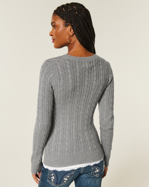 Cable-Knit Icon Crew Sweater, Dark Heather Grey view 2