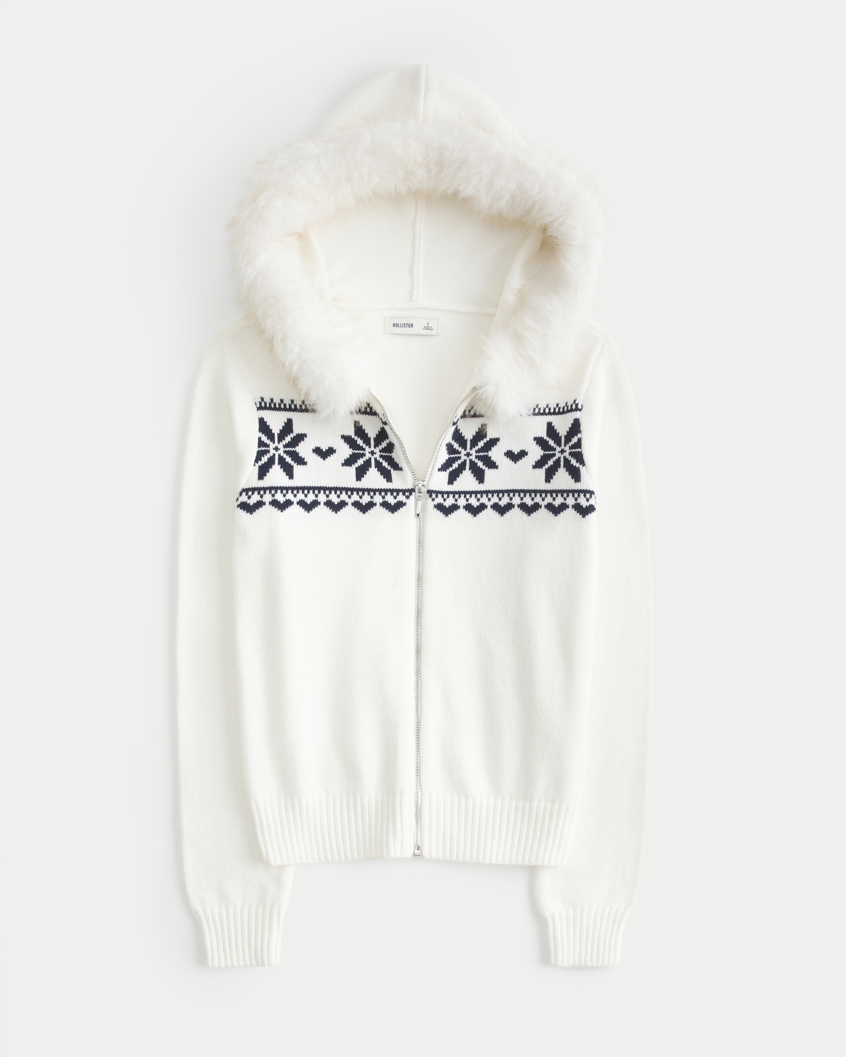 Hooded Faux Fur trim Fair Isle Zip-Up Sweater