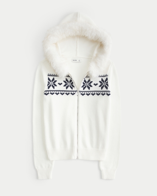 Hooded Faux Fur trim Fair Isle Zip-Up Sweater