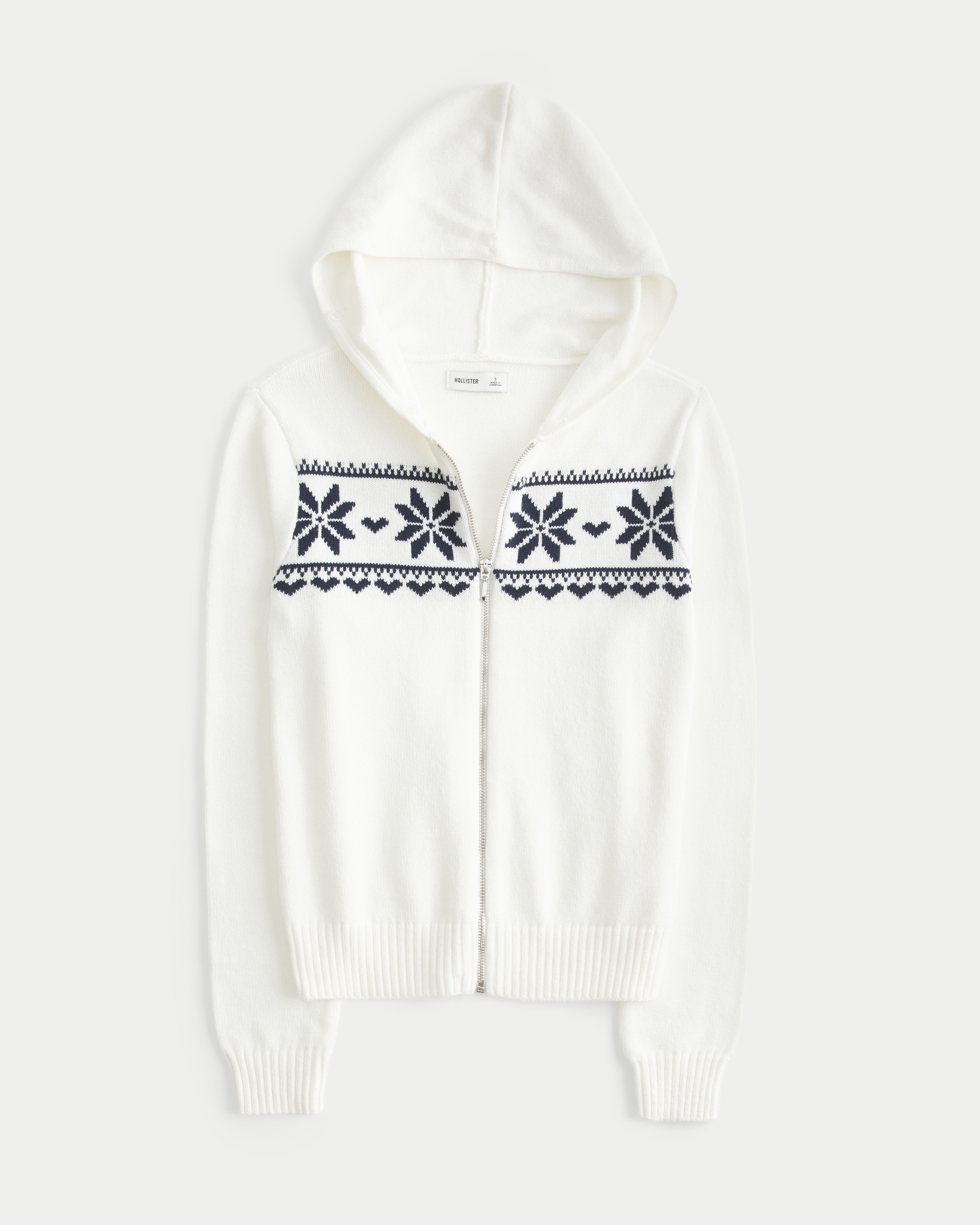 Hooded Faux Fur trim Fair Isle Zip-Up Sweater
