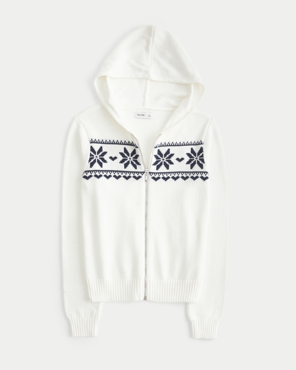Hooded Faux Fur trim Fair Isle Zip-Up Sweater