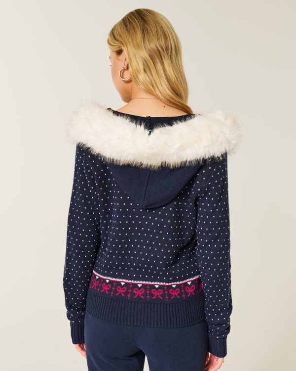 Hooded Faux Fur trim Fair Isle Zip-Up Sweater