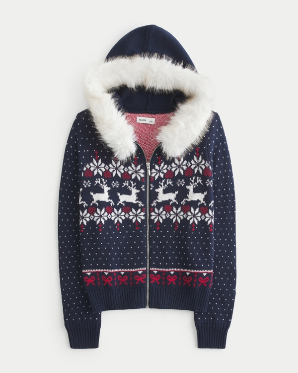 Hooded Faux Fur trim Fair Isle Zip-Up Sweater