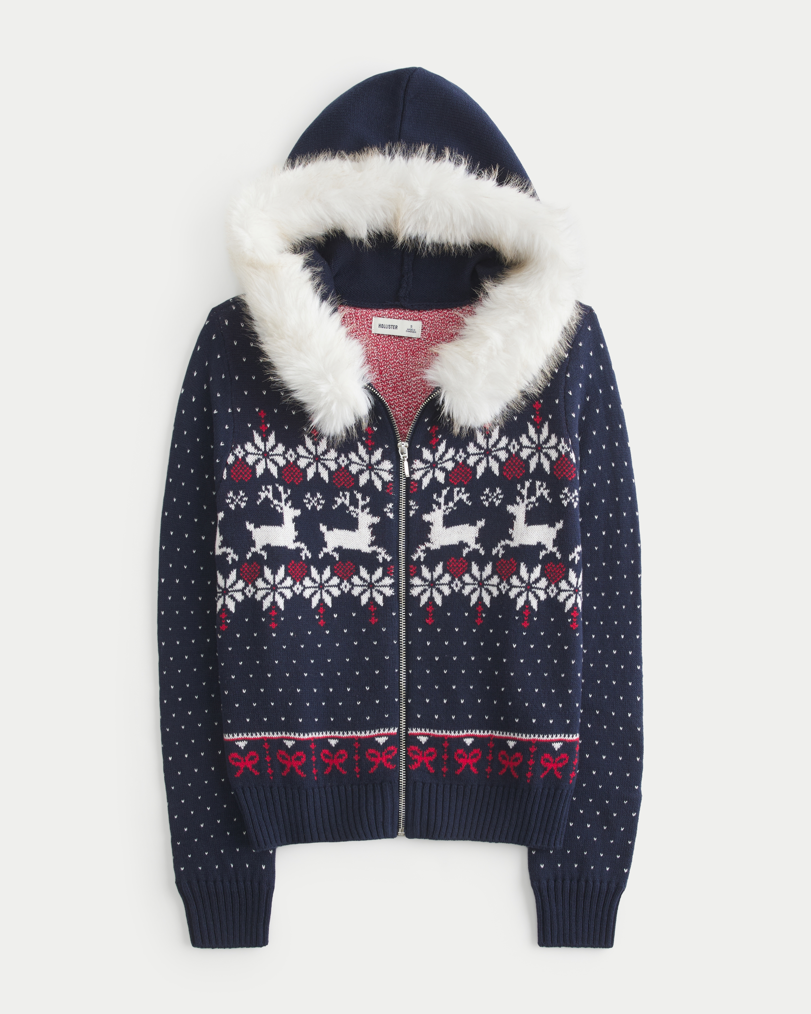 Hooded Faux Fur trim Fair Isle Zip-Up Sweater