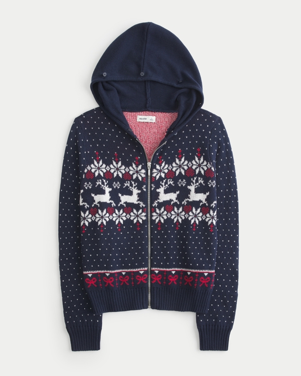 Women's Hooded Faux Fur trim Fair Isle Zip-Up Sweater | Women's