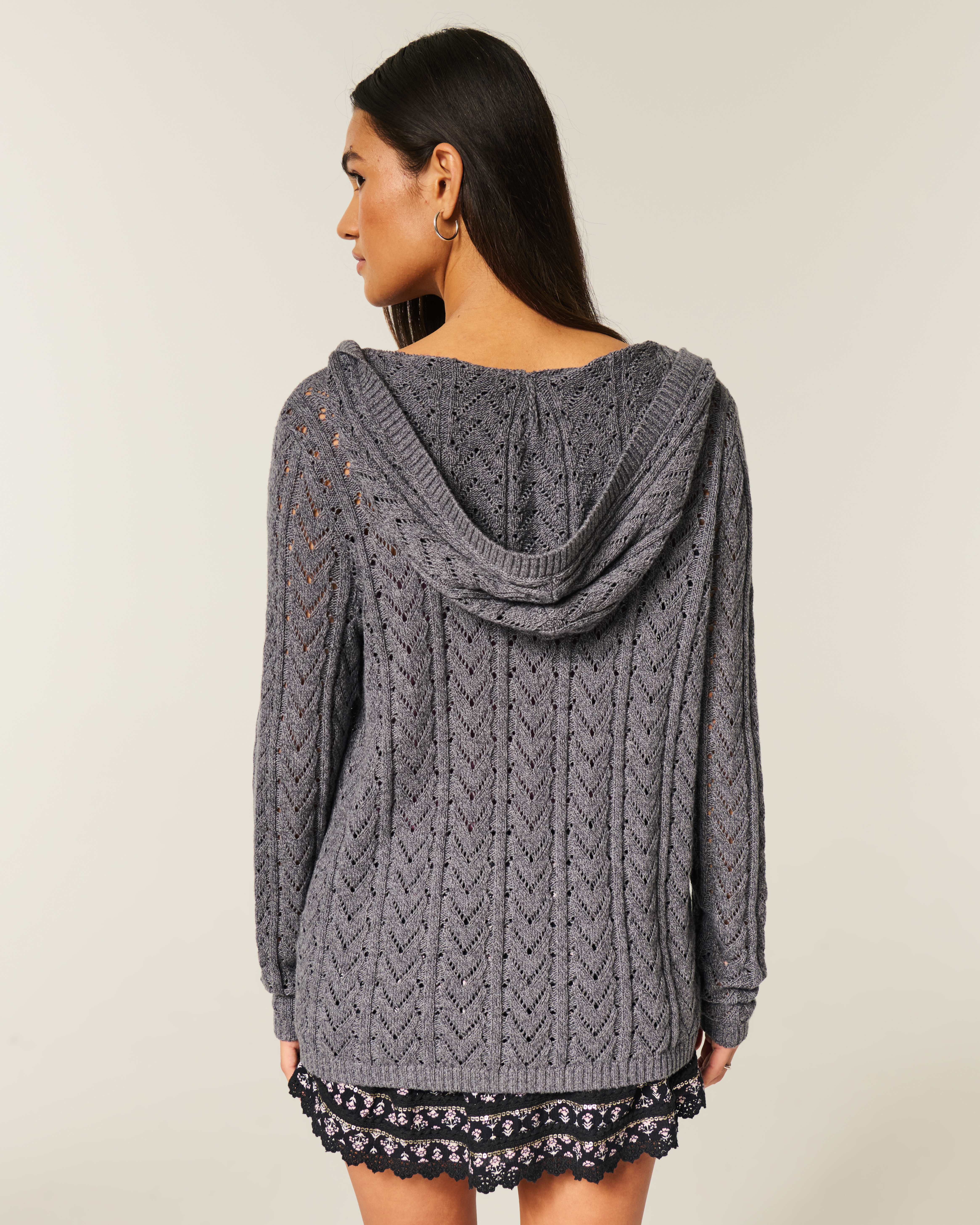 Hooded Open-Stitch No-Close Cardigan