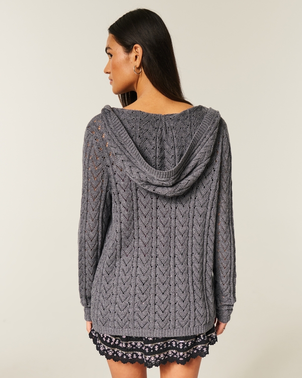 Hooded Open-Stitch No-Close Cardigan, Charcoal Grey view 2