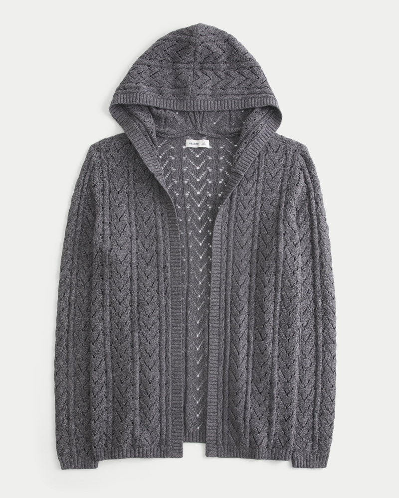 Hooded Open-Stitch No-Close Cardigan