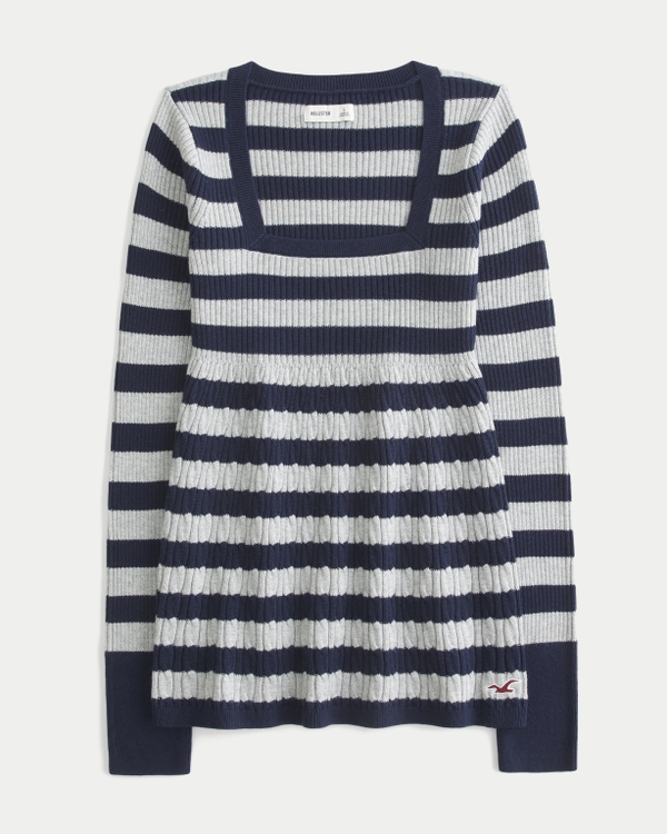 Long-Sleeve Square-Neck Babydoll, Navy Blue Stripe view 1