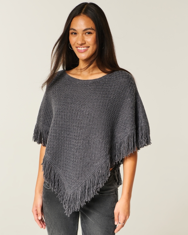 Easy Fringe Poncho, Charcoal Grey view 1