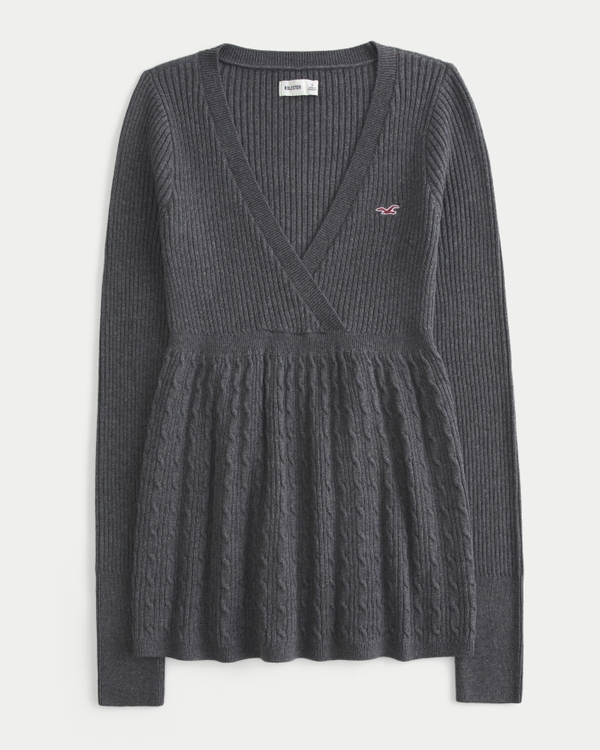 Wrap Front Long-Sleeve Babydoll Sweater, Dark Heather Grey view 1