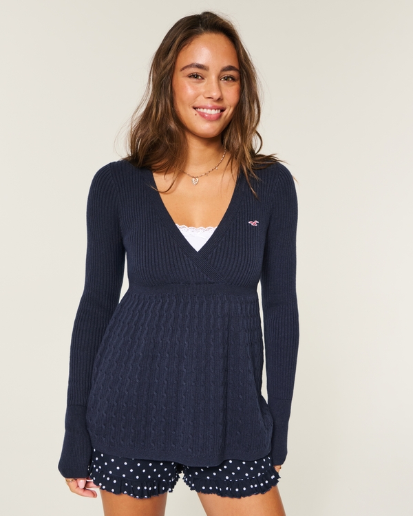 Wrap Front Long-Sleeve Babydoll Sweater, Navy Blue view 1