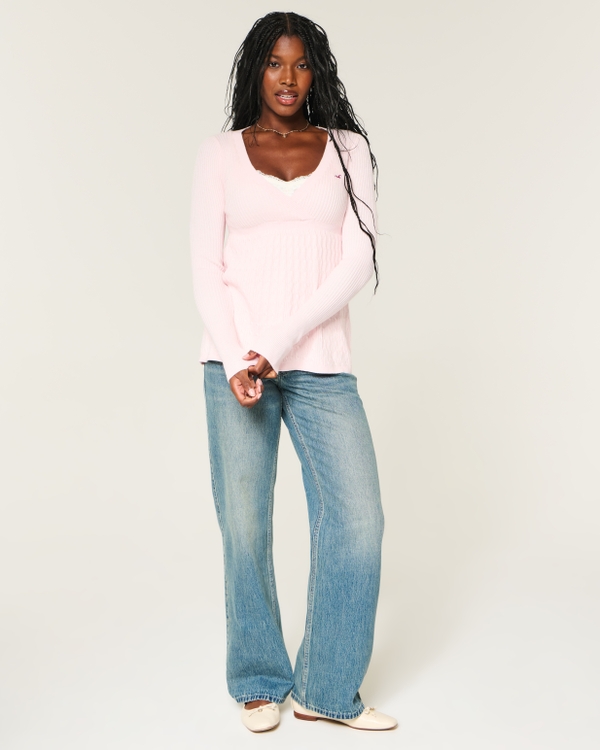 Wrap Front Long-Sleeve Babydoll Sweater, Pale Pink view 2