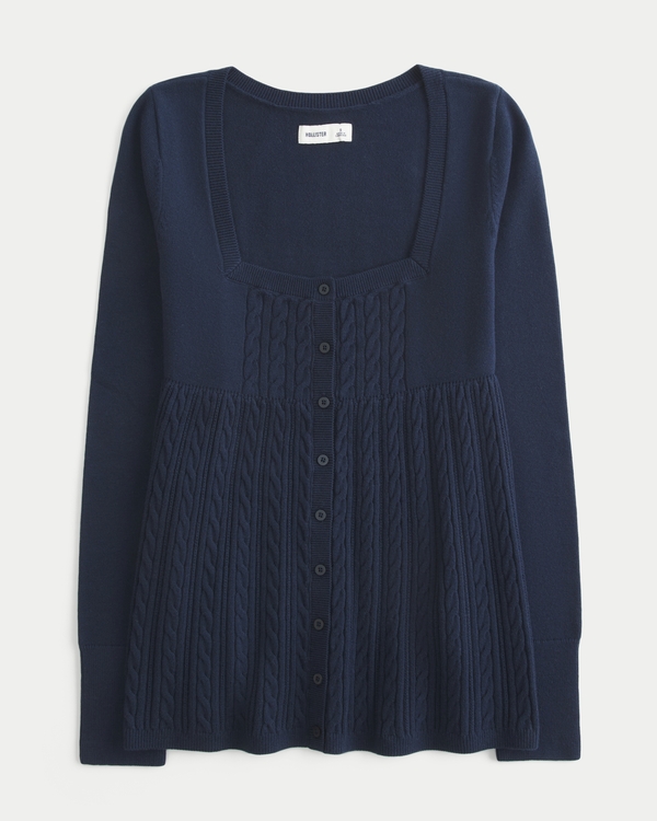 Easy Long-Sleeve Square-Neck Babydoll Sweater, Navy Blue view 1