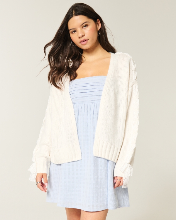 Easy No-Close Lace Sleeve Cardigan, Cloud White view 1