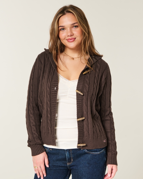 Holiday Vault Release Hooded Cable-Knit Toggle Cardigan, Espresso view 2