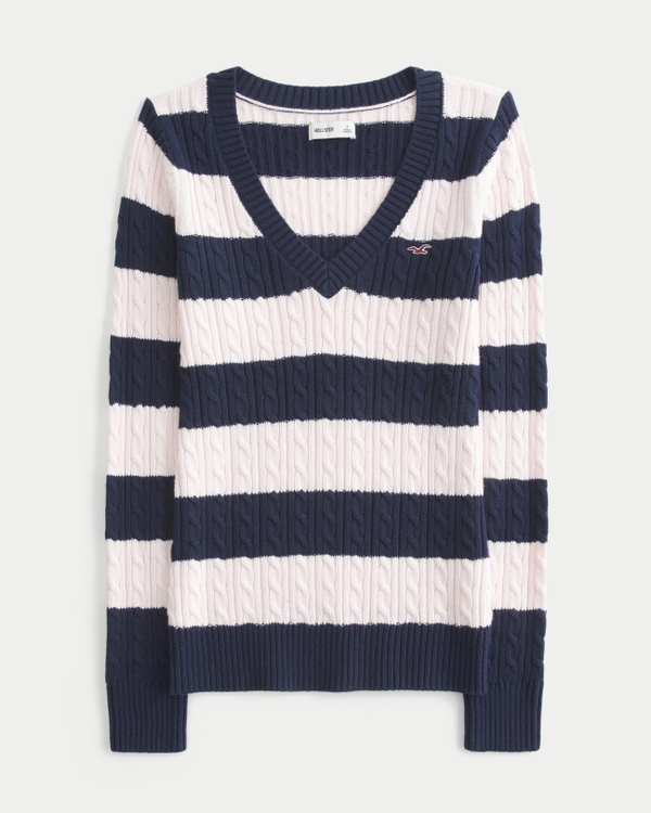 Cable-Knit Icon V-Neck Sweater, Navy Blue Stripe view 1