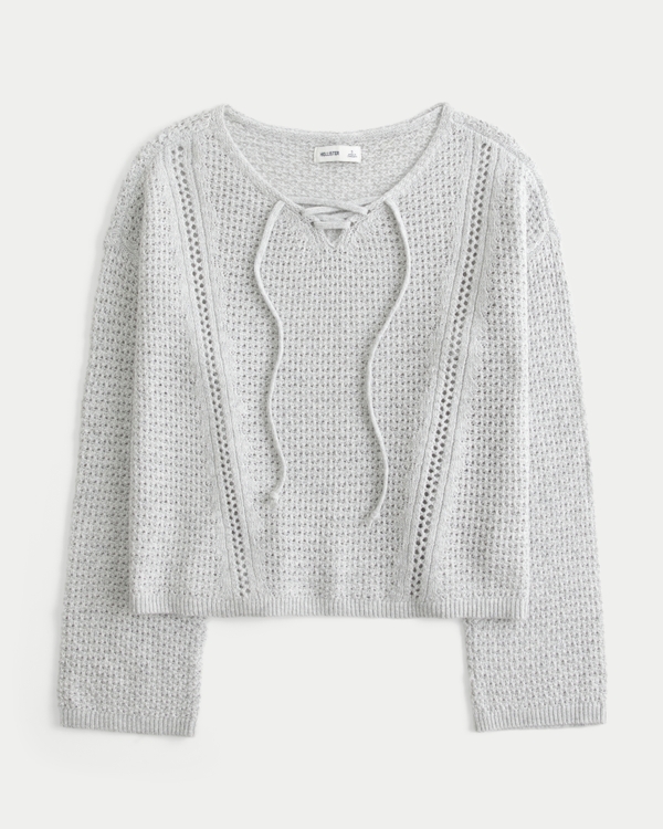 Stitchy V-Neck Sweater, Light Grey view 1