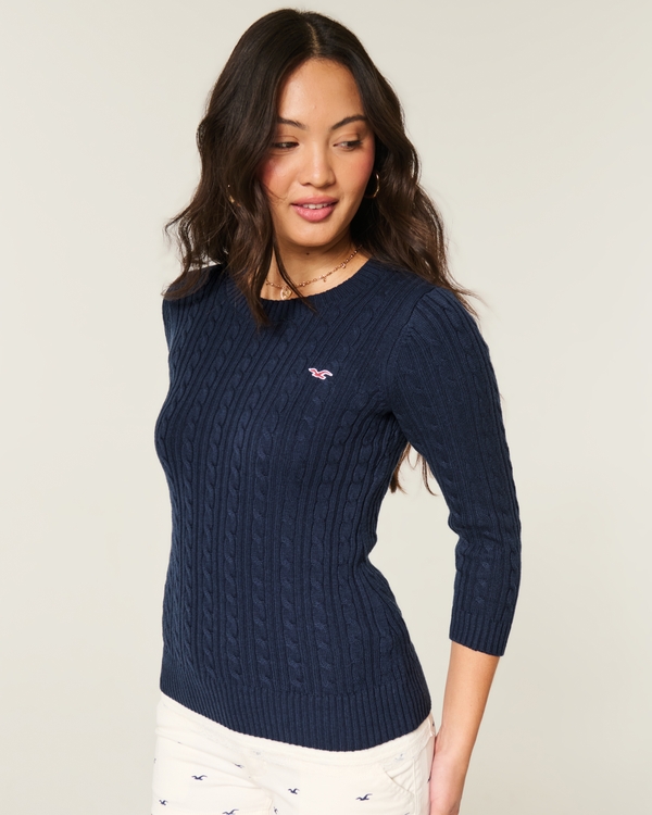 Three-Quarter Sleeve Cable-Knit Crew Sweater, Navy view 1