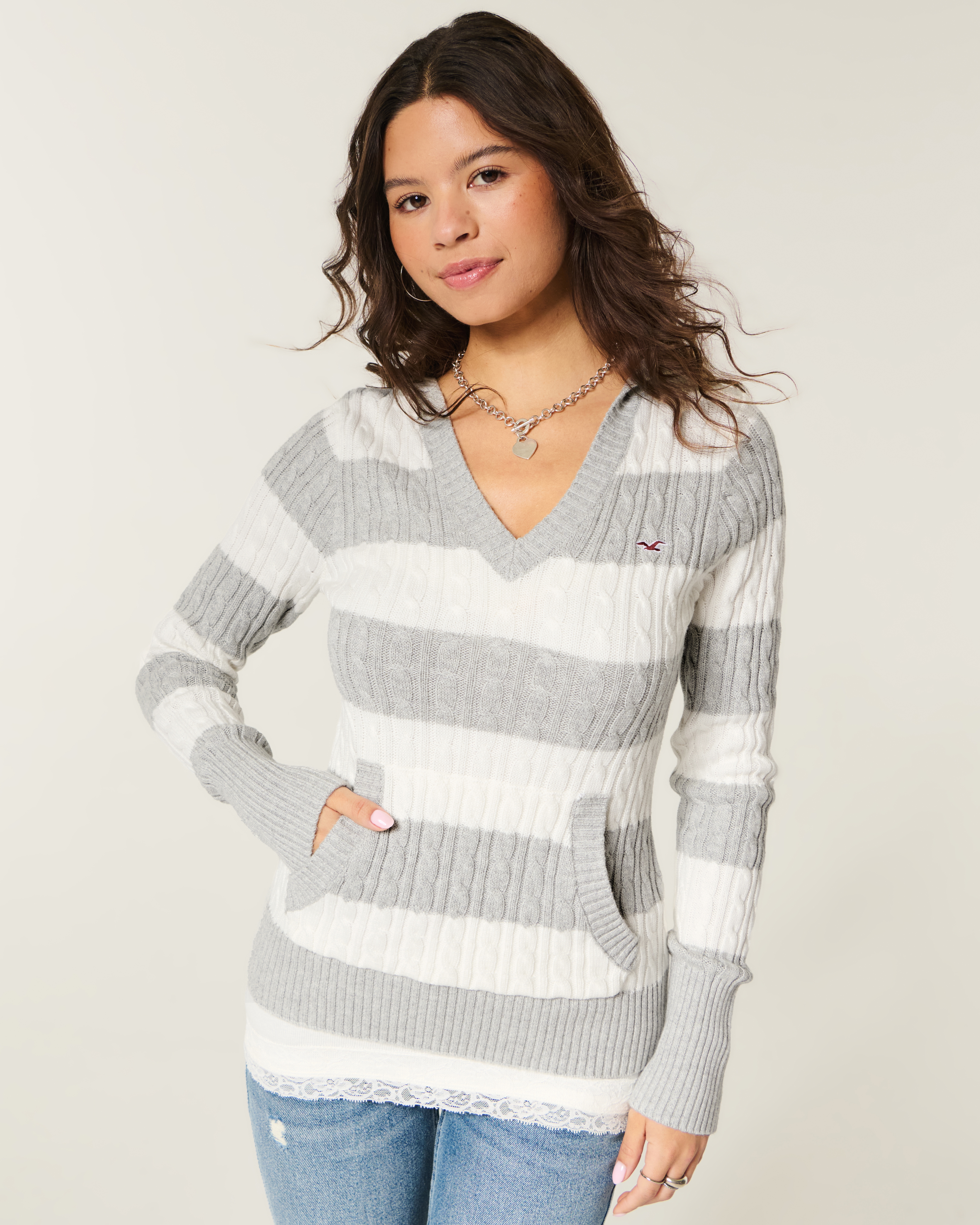 Cable-Knit V-Neck Hoodie Sweater