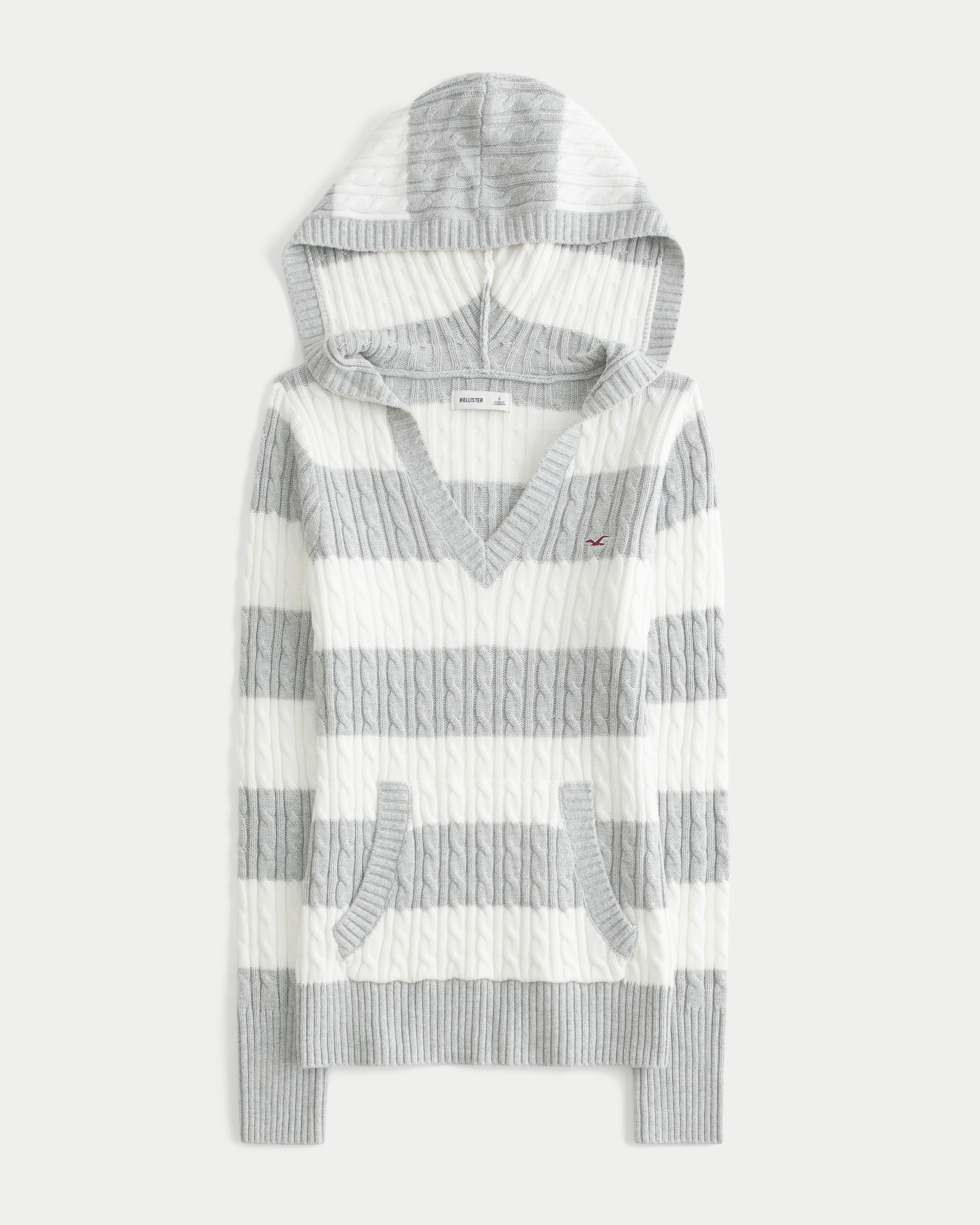 Cable-Knit V-Neck Hoodie Sweater