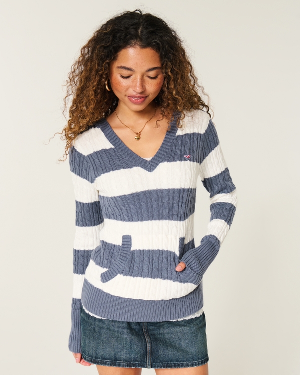 Cable-Knit V-Neck Hoodie Sweater, Blue Grey Stripe view 1