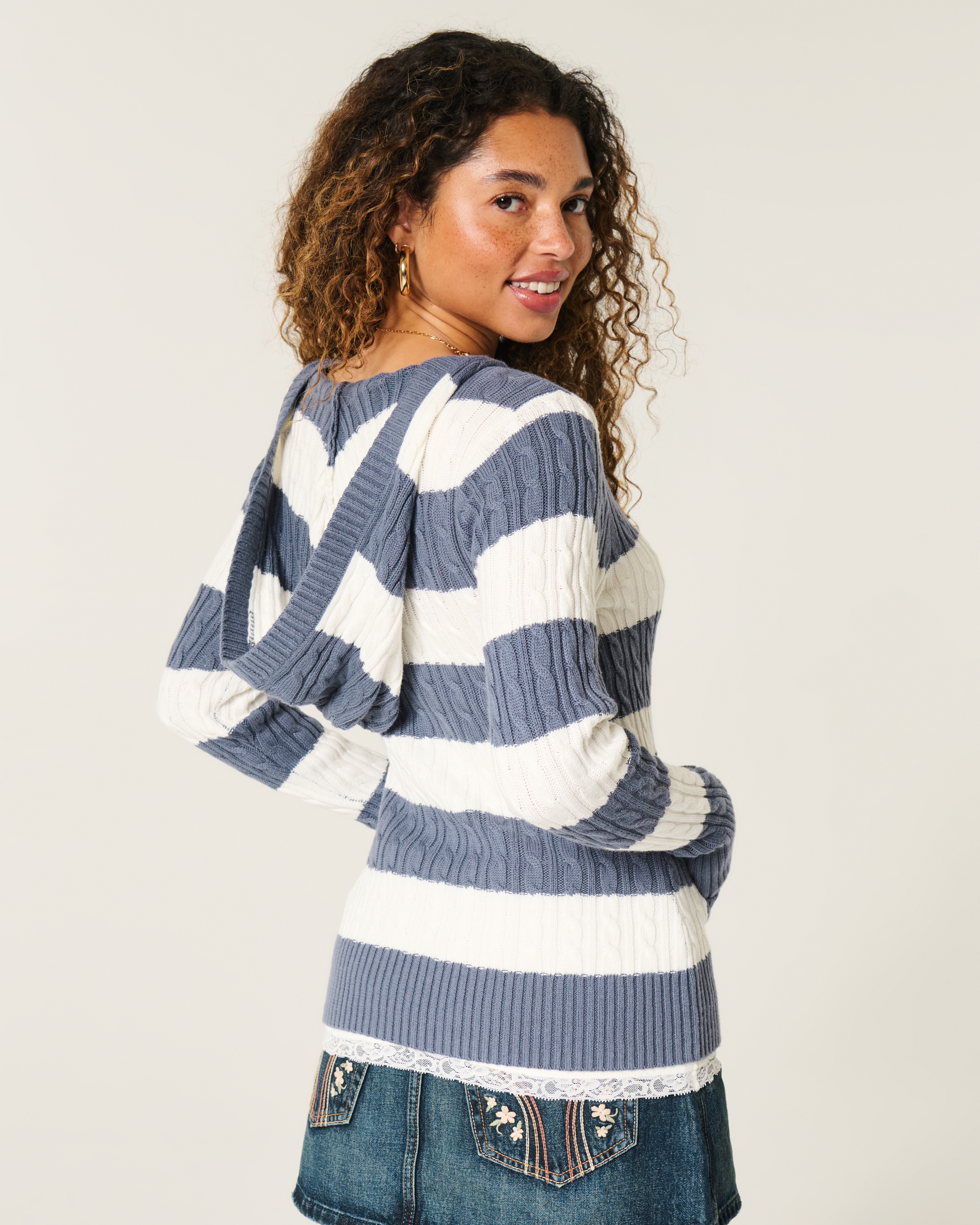 Cable-Knit V-Neck Hoodie Sweater
