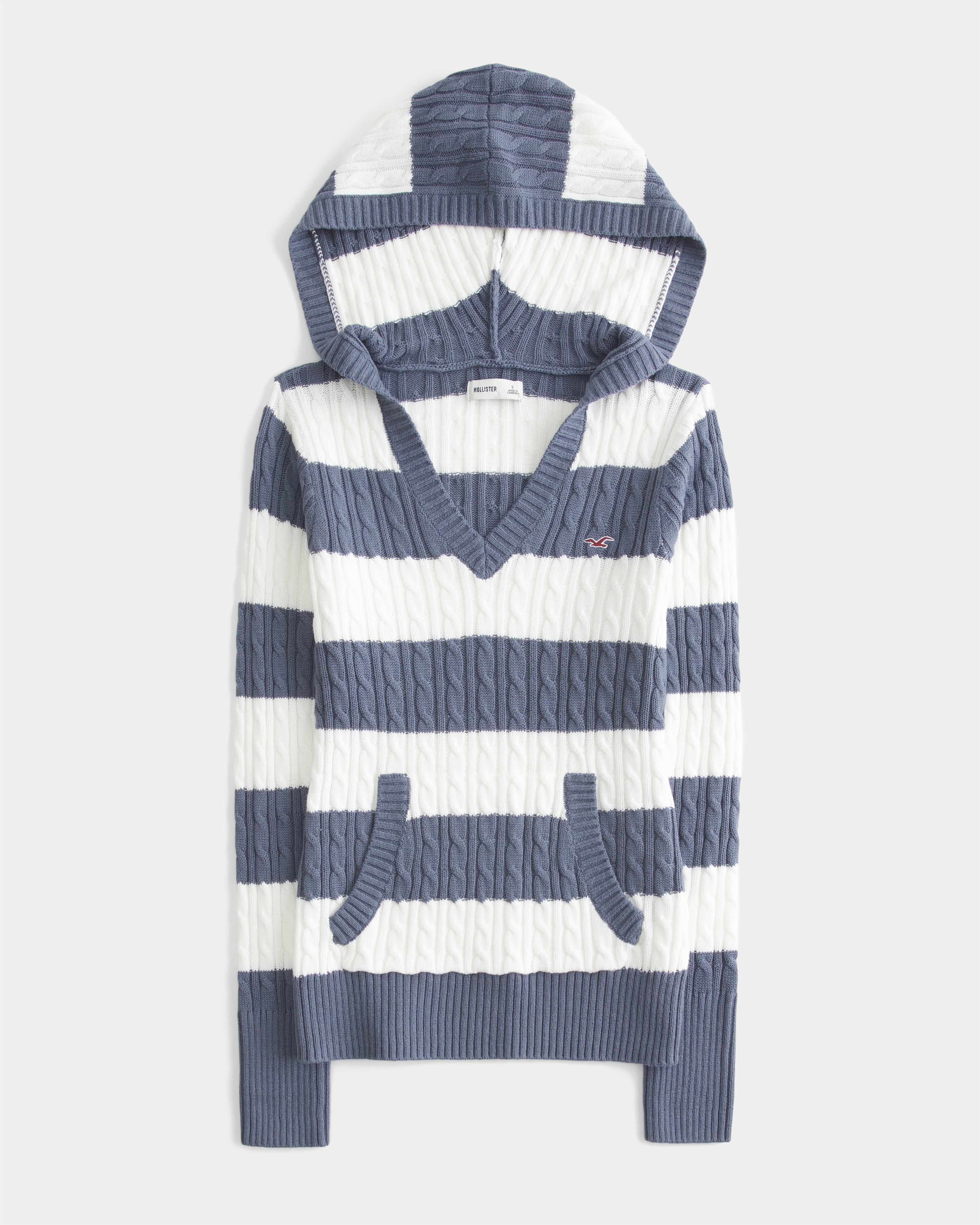 Cable-Knit V-Neck Hoodie Sweater