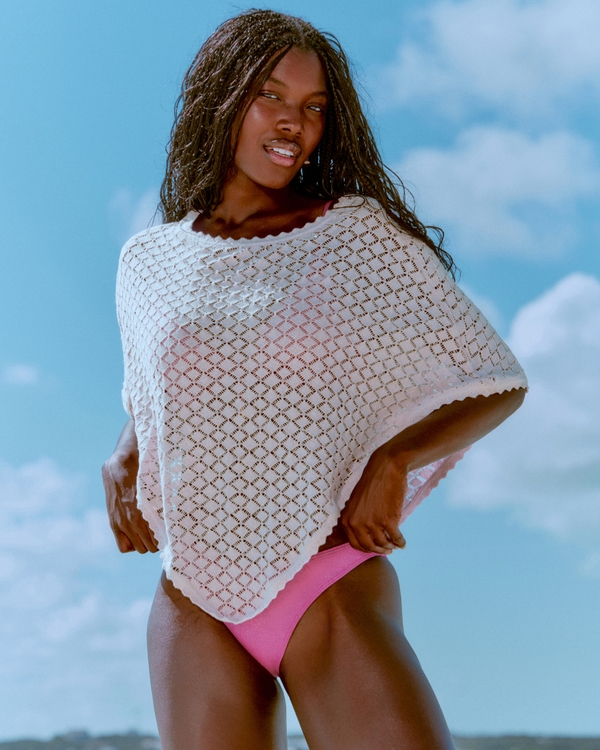 Open-Stitch Sequin Poncho, Cream Embellishment view 1