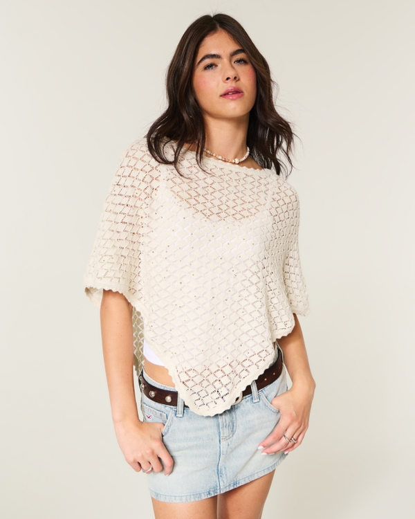 Open-Stitch Sequin Poncho, Cream Embellishment view 1