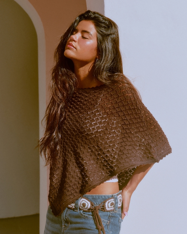 Open-Stitch Sequin Poncho, Brown Embellishment view 1