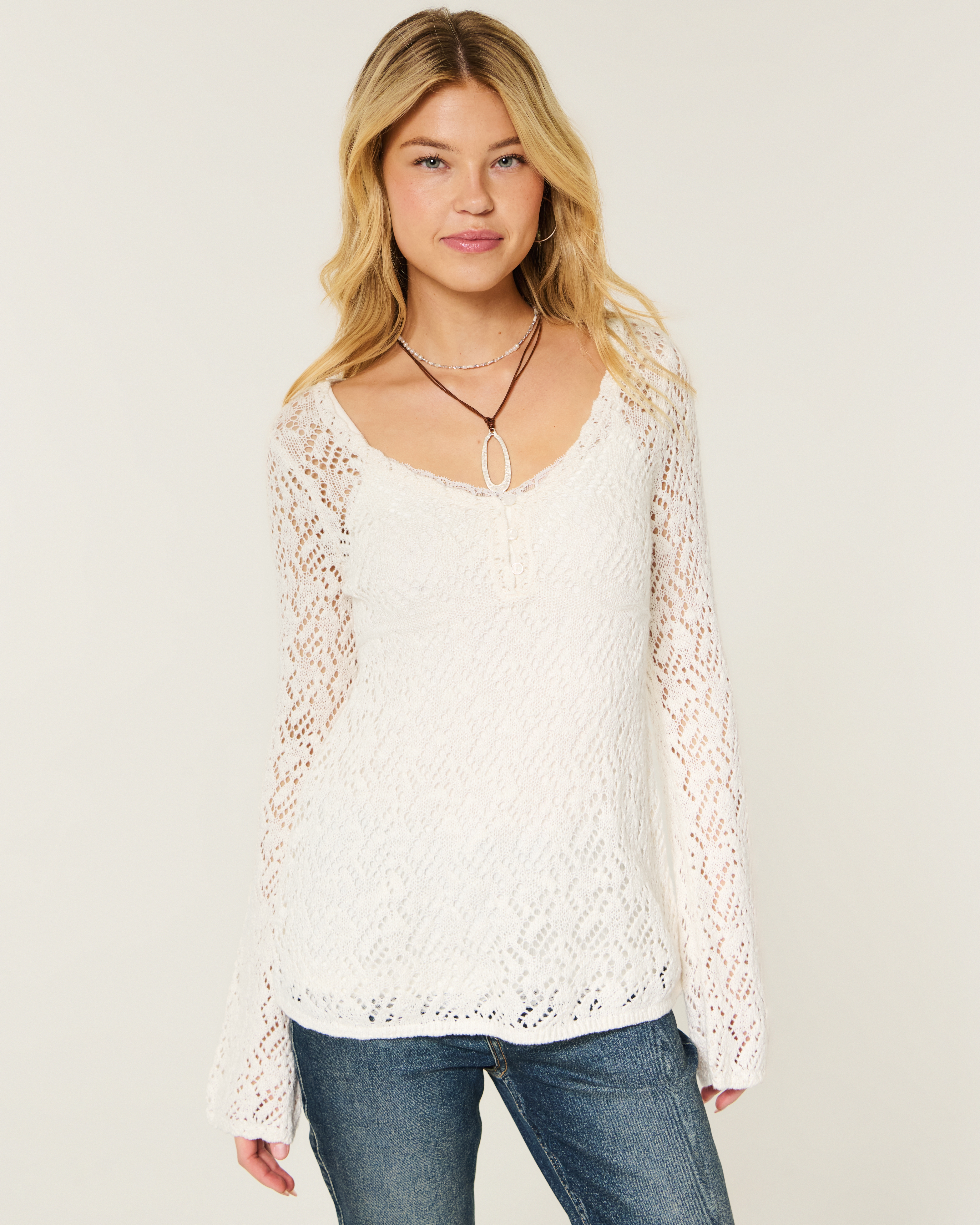 Open-Stitch V-Neck Sweater