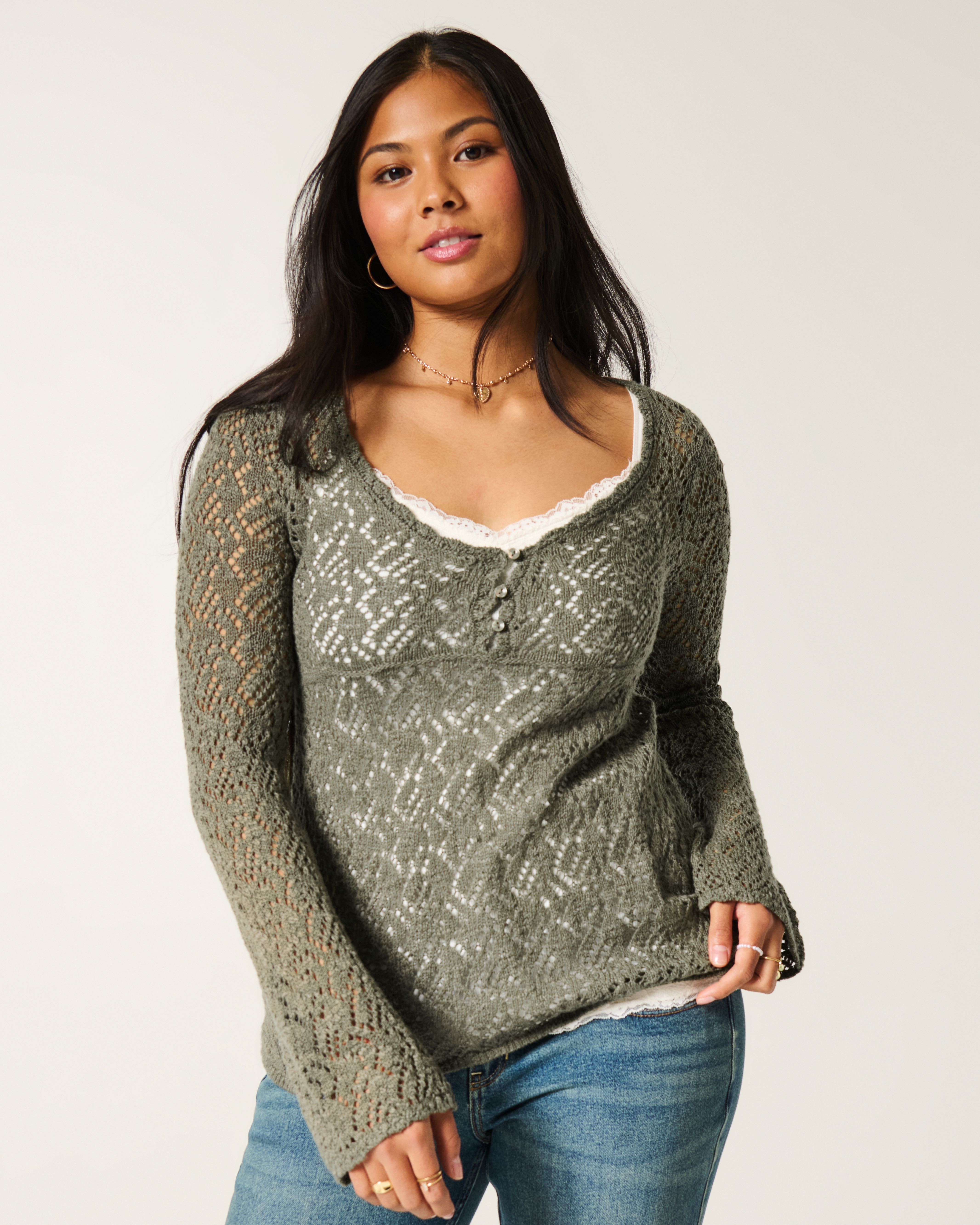 Open-Stitch V-Neck Sweater