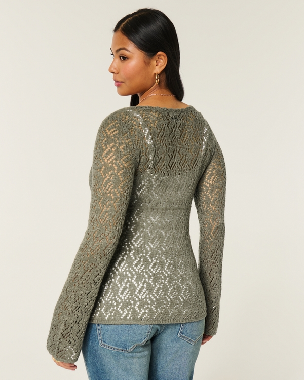 Open-Stitch V-Neck Sweater