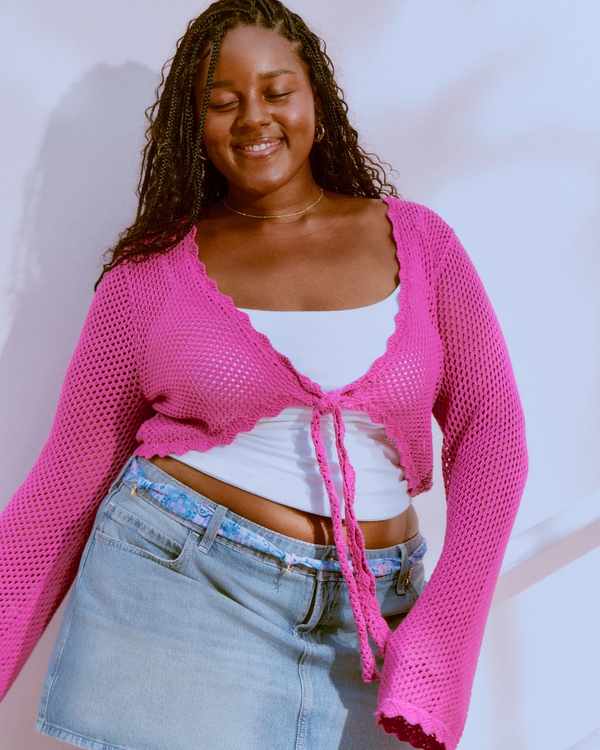 Long-Sleeve Tie Front Shrug, Magenta view 1